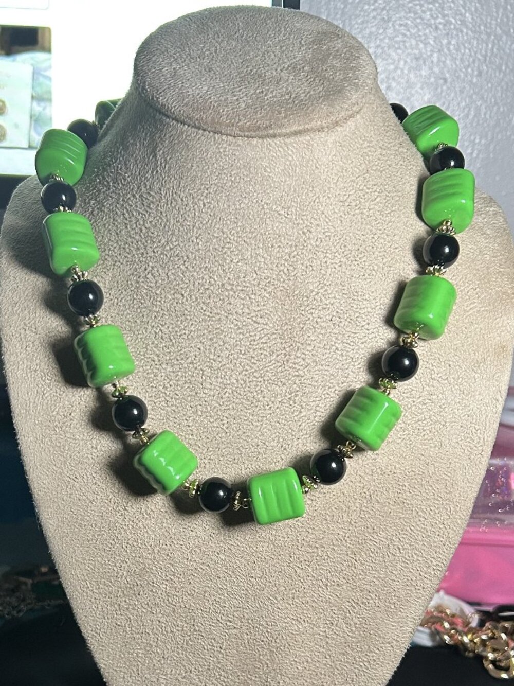 Vintage Coro Green Barrel & Black Bead Statement Necklace NWT